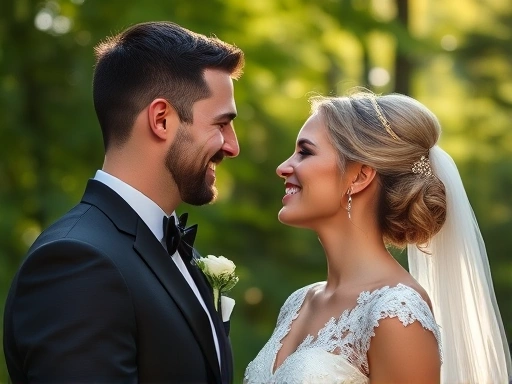 자연광 아래 푸른 숲을 배경으로 서로를 마주 보며 미소 짓는 신랑 신부의 웨딩촬영 클로즈업 사진.