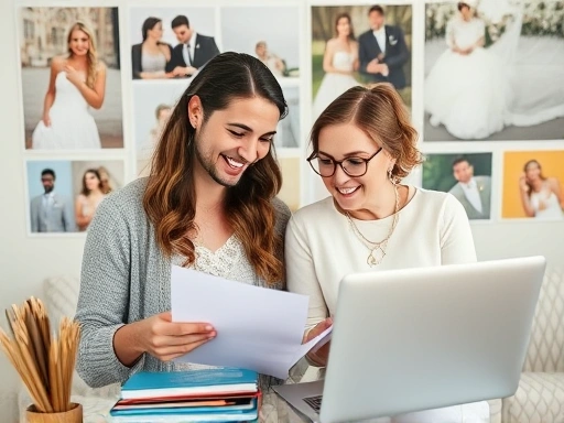 행복하게 웃는 예비부부가 결혼 준비 서류와 노트북을 보며 웨딩 플래너와 대화하는 장면