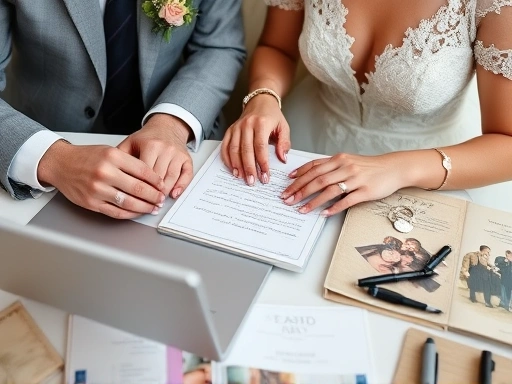 신랑 신부가 함께 웨딩 관련 자료를 펼쳐 놓고 노트북을 보며 진지하게 의견을 나누는 클로즈업 장면