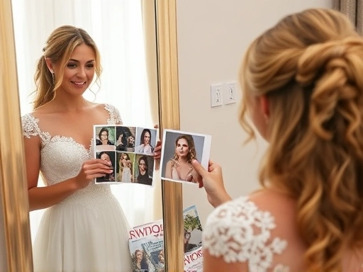 웨딩 헤어 시연을 위해 거울 앞에서 다양한 헤어스타일 참고 사진과 드레스 이미지