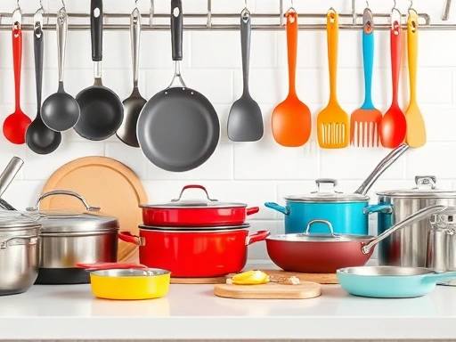 다양한 종류의 프라이팬과 냄비, 국자, 뒤집개 등이 가지런히 정돈된 모던하고 밝은 주방의 전경을 보여주는 이미지