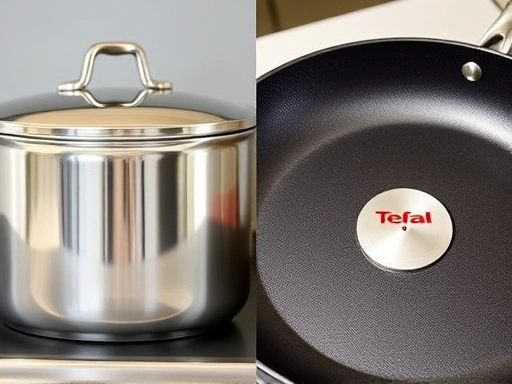 고급 스테인리스 스틸 냄비와 논스틱 프라이팬이 나란히 놓여 있으며, 열센서가 선명하게 보이는 테팔 프라이팬 클로즈업 샷으로, 주방용품 브랜드 비교와 재질의 특징을 시각적으로 나타냅니다.