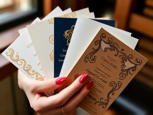 손으로 잡고 있는 고급스러운 청첩장 샘플들을 클로즈업한 모습