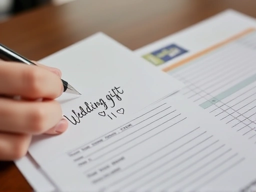 결혼식 축의금 봉투 위에 손글씨로 이름을 적고 있는 손과 깔끔하게 정리된 장부가 클로즈업된 장면