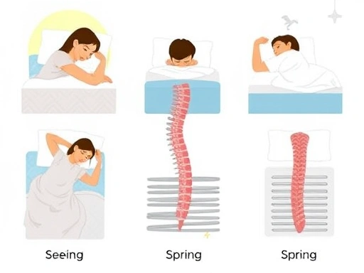 다양한 종류의 침대 매트리스 스프링이 놓여 있고, 그 위로 편안하게 잠든 사람이 척추가 올바르게 정렬된 모습