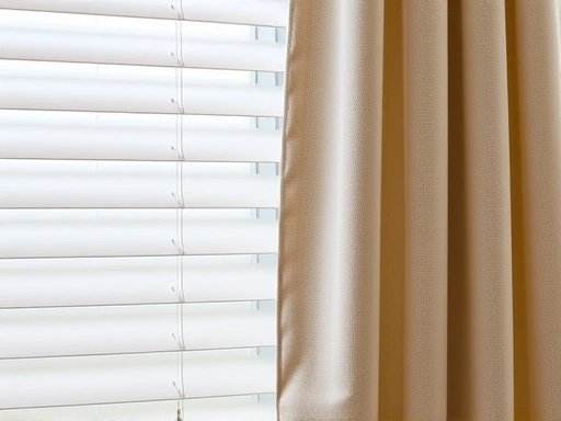 다양한 소재의 블라인드 슬랫과 부드러운 패브릭 커튼이 클로즈업된 장면