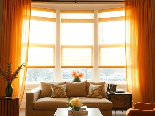 아침 햇살이 비추는 거실 창가에 설치된 밝은 색상의 커튼과 블라인드가 어우러져 아늑하면서도 세련된 인테리어를 연출하는 모습