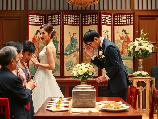 한국의 전통 혼례 폐백 의식에서 신랑 신부가 다과상 앞에서 시부모님께 절을 올리는 경건하고 아름다운 순간, 배경에는 화려한 병풍과 정성스러운 폐백 음식이 놓여 있다.