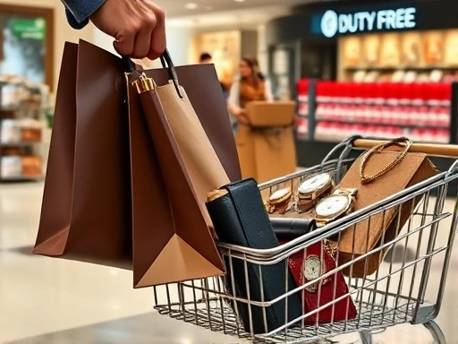 면세점에서 세련된 쇼핑백을 들고 있는 손과, 고가의 주얼리, 시계, 지갑 등 명품 쇼핑 아이템들이 가득 담긴 쇼핑 카트가 클로즈업된 이미지