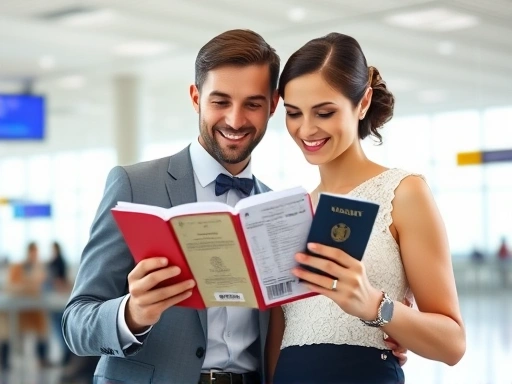 새로운 여권을 들고 환하게 웃고 있는 신혼부부가 설렘 가득한 표정으로 비행기 티켓과 함께 해외 신혼여행 비자 서류를 확인하는 모습