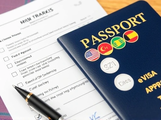 여러 국가의 다양한 비자 스티커와 전자 비자(e-Visa) 승인서가 인쇄된 종이가 여권 위에 가지런히 놓여 있고, 그 옆에는 비자 준비를 위한 체크리스트와 펜이 놓여 있는 클로즈업 사진, 서류들의 세부적인 디테일이 강조되어 신뢰감과 준비성을 보여주는 이미지