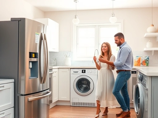 새로운 신혼집 주방에 최신형 냉장고와 세탁기가 밝게 빛나는 풍경, 행복한 표정의 신혼부부가 함께 가전을 둘러보는 모습