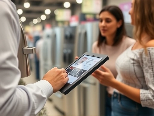 혼수가전 매장에서 판매 직원이 태블릿으로 다양한 가전제품의 할인 정보를 예비 신혼부부에게 설명하고 있는 클로즈업 장면