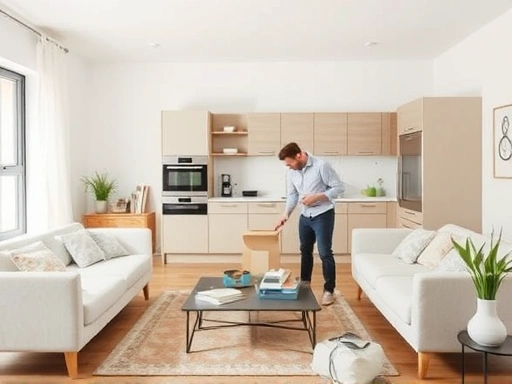 A happy newlywed couple organizing modern furniture and kitchen appliances in a brightly lit, minimalist living room, showcasing a comprehensive wedding preparation list.