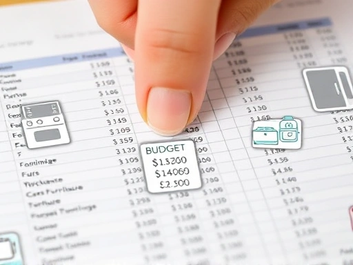A detailed close-up of a hand highlighting budget figures on a spreadsheet, surrounded by small icons representing different wedding preparation categories like appliances, furniture, and kitchenware.