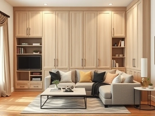 아늑하고 정돈된 거실 공간에 수납형 소파와 벽면 전체를 활용한 높은 빌트인 수납장이 배치되어 효율적으로 공간을 활용하고 있는 모습