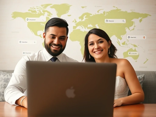 행복한 신혼부부가 노트북 앞에서 신혼여행 항공료를 절약하는 방법을 검색하며 밝게 웃는 모습