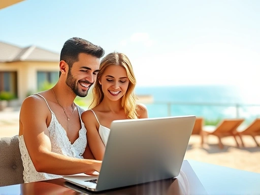 아름다운 해외 휴양지에서 행복하게 웃고 있는 신혼부부가 노트북으로 허니문 예산을 계획하는 모습