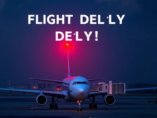 공항 활주로에 서 있는 대형 여객기 위로 비행 지연을 알리는 붉은 경고등이 깜빡이며, 신혼여행 항공 지연에 대한 불안감을 시각적으로 표현합니다.