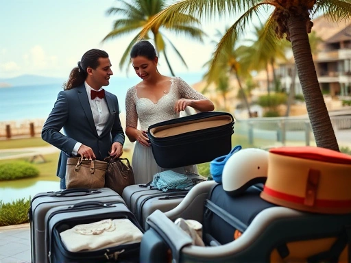 아름다운 휴양지 풍경을 배경으로 신혼부부가 캐리어를 정리하며 즐겁게 대화하는 모습