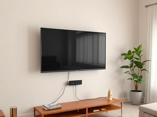 거실 벽에 정확한 높이로 설치된 벽걸이 TV의 클로즈업, 화면 중앙이 눈높이에 맞춰진 모습