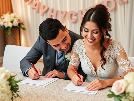 Newlywed couple smiling while writing thank you cards with wedding decorations in the background, focusing on sincerity and etiquette of replies for blog post.