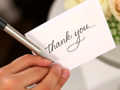 A close-up shot of a hand writing a heartfelt thank you message on a wedding card, emphasizing the timing and personal touch for replying to congratulatory messages.