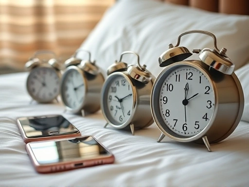 결혼식 당일 아침, 침대 옆 탁자에 놓인 여러 대의 알람 시계(스마트폰, 아날로그 시계)가 클로즈업된 이미지