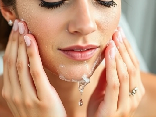 결혼식 당일 아침, 미온수로 부드럽게 세안하며 피부 자극을 최소화하는 신부의 클로즈업.