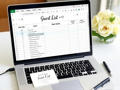 A beautifully designed wedding guest list template in Excel open on a laptop, with various columns like Name, RSVP, Meal Choice, and Gift, showing organized data.