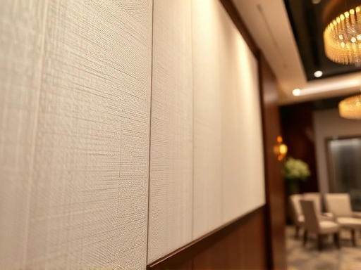 A close-up shot of a sophisticated sound-absorbing panel or decorative acoustic diffuser subtly integrated into the wall design of a luxurious wedding hall.