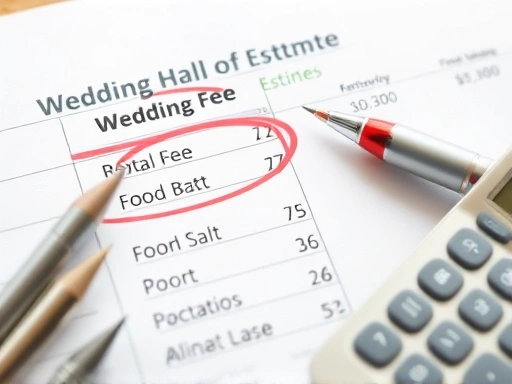 웨딩홀 견적서 중 '대관료'와 '식대' 항목에 펜으로 동그라미가 쳐진 클로즈업 사진, 그 옆에는 계산기가 놓여 있어 웨딩홀 비용 계산 과정을 암시