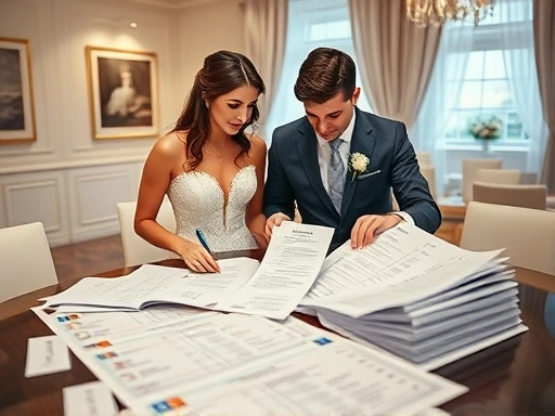다양한 웨딩홀 견적서들이 테이블 위에 펼쳐져 있고, 신랑신부가 노트북을 보며 꼼꼼하게 비교 분석하는 장면
