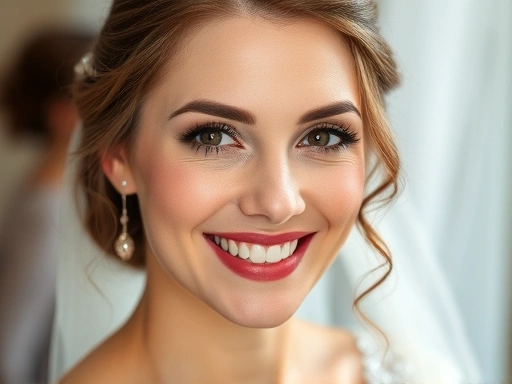 화사하고 매트한 피부를 유지하는 결혼식 메이크업을 한 신부가 카메라 앞에서 미소 짓는 모습