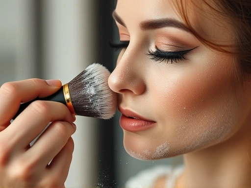 메이크업 아티스트가 신부의 얼굴에 파우더를 섬세하게 바르는 모습