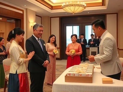A warm, inviting scene of a wedding reception lobby with parents in formal attire (hanbok and suits) gracefully greeting guests, while a designated person handles gifts at a well-organized reception t...