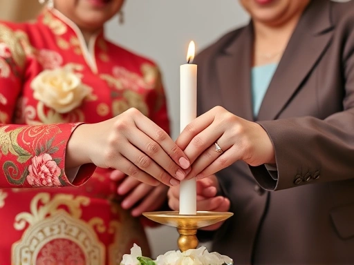 A close-up shot focusing on the hands of two mothers (one in a vibrant hanbok, the other in a modern suit) lighting the wedding candle together, symbolizing the union of families.