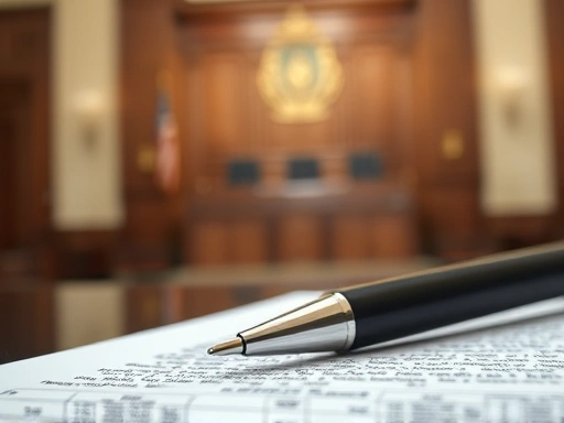 A blurred background of a courtroom with focus on a pen resting on a legal document, symbolizing preparation and attention to detail.