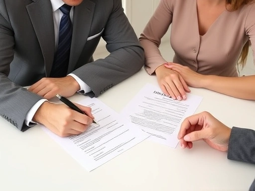 A couple sitting at a table, signing divorce papers with a lawyer present, emphasizing the importance of fulfilling agreements.