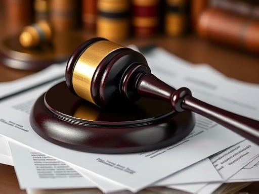 A close-up shot of a judge's gavel resting on a stack of legal documents, emphasizing the authority of the court in mediation.