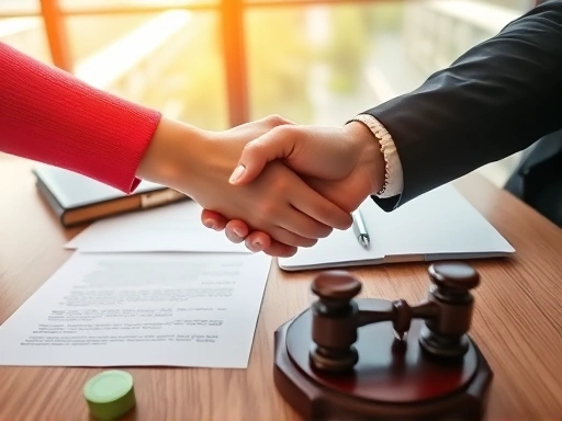 An eye-level shot of two people shaking hands over a table with legal papers, symbolizing a successful mediation process and agreement.