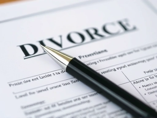 Close-up shot of divorce papers with a pen resting on them, symbolizing the legal process.