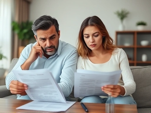 A couple looking stressed while preparing divorce documents at home, focusing on the documents and their frustrated expressions.