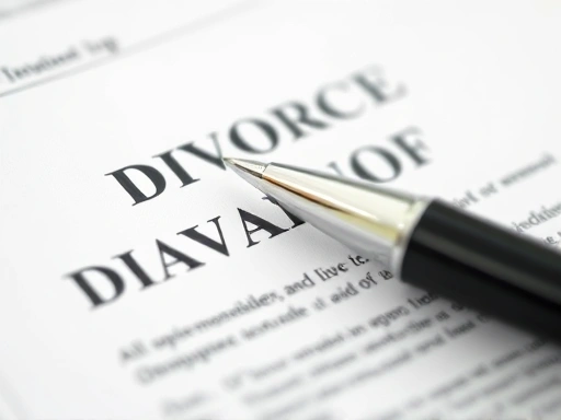Close-up shot of divorce documents with a pen, highlighting the details of the legal paperwork and the seriousness of the process.