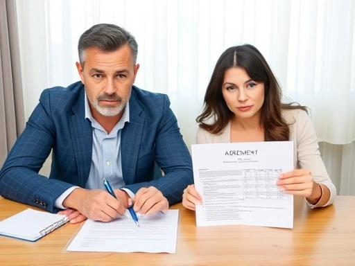 A couple sitting at a table, filling out an agreement divorce application form with serious expressions.