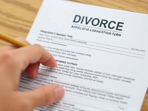 Close-up of hands filling out a divorce application form, emphasizing the legal document's important details.