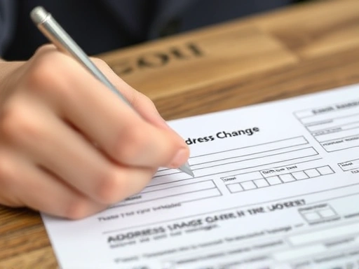 Close-up of a hand filling out a form for address change after divorce, emphasizing personal information update.