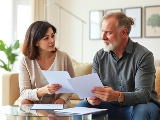 A couple discussing divorce agreement with serious expressions in a bright living room, emphasizing amicable separation and understanding, document signing.