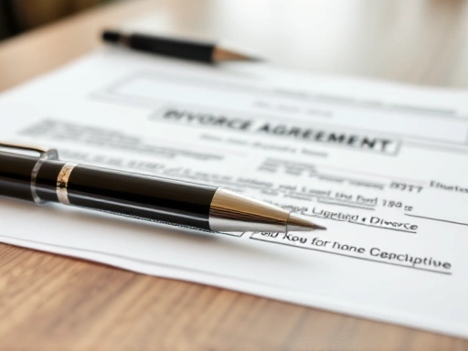 Close-up of divorce agreement document on wooden table, focus on signing area, pens placed neatly, soft natural light, showing legal process detail.