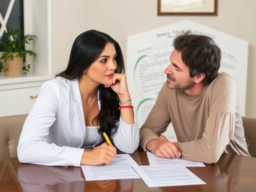 A couple sitting at a table, thoughtfully discussing their relationship, with legal documents subtly placed in the background, symbolizing the contemplation of divorce revocation.